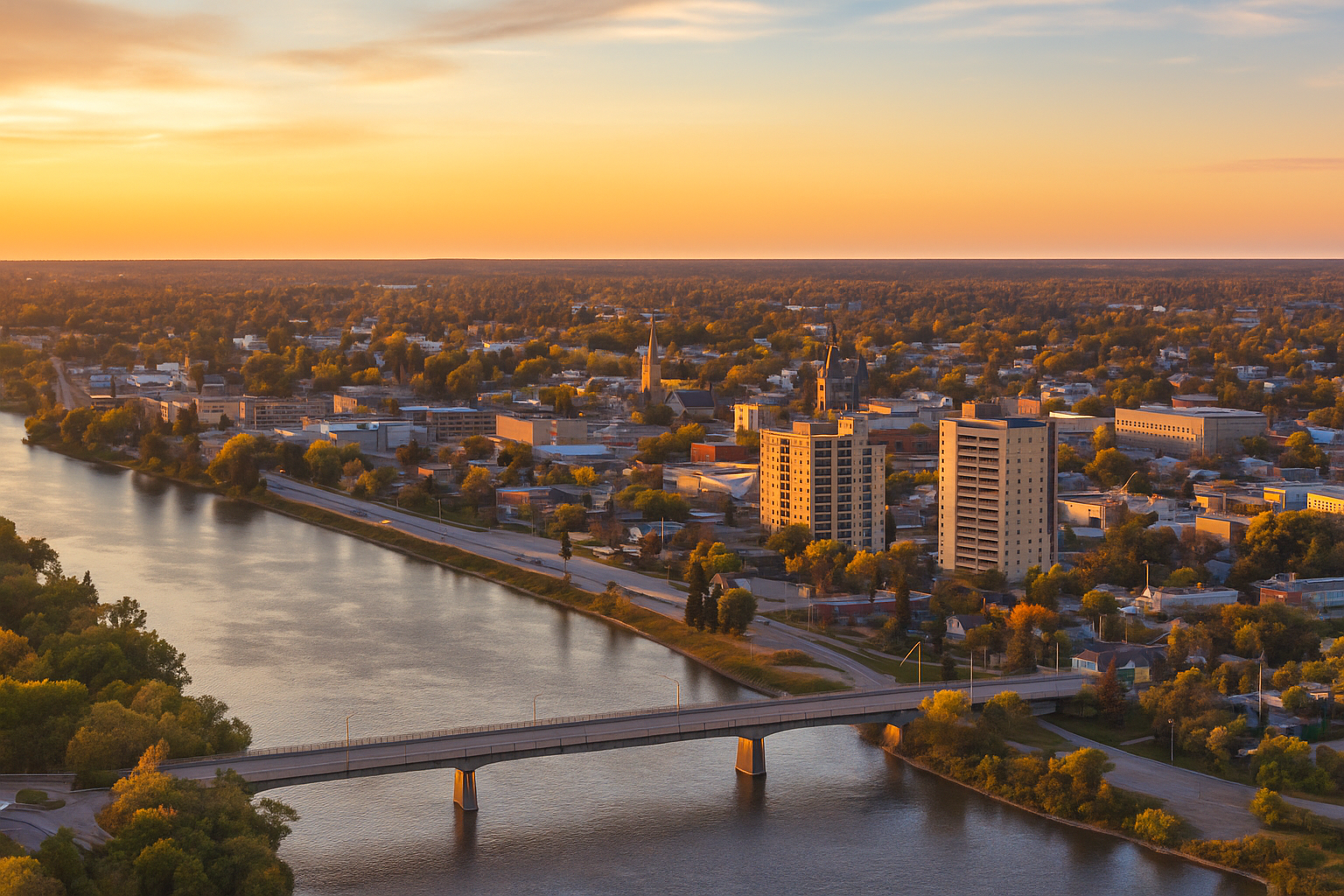 Aerial view of Prince Albert, Saskatchewan at sunset showing the North Saskatchewan River, bridge, and downtown skyline.
